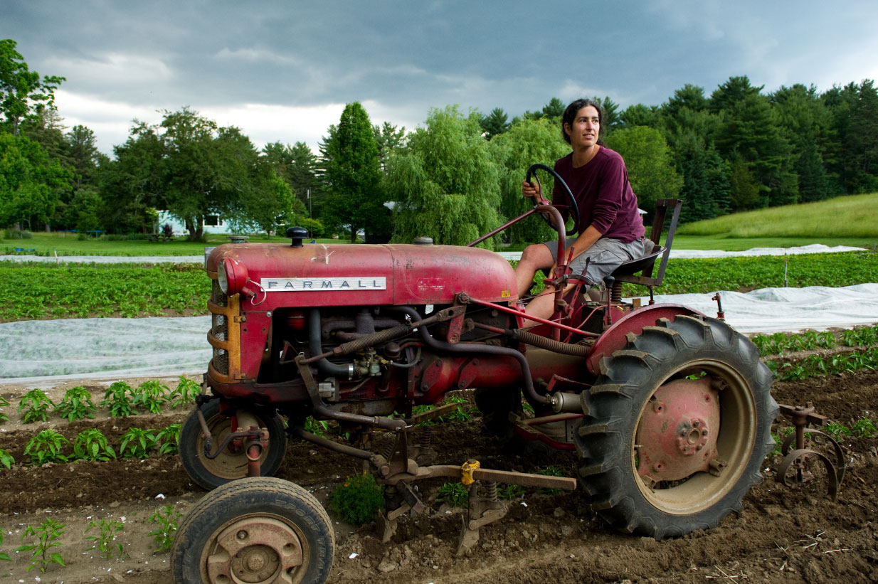 Diana Kushner driving her Farmall Cub at her farm, Arcadian Fields, in spring 2013.