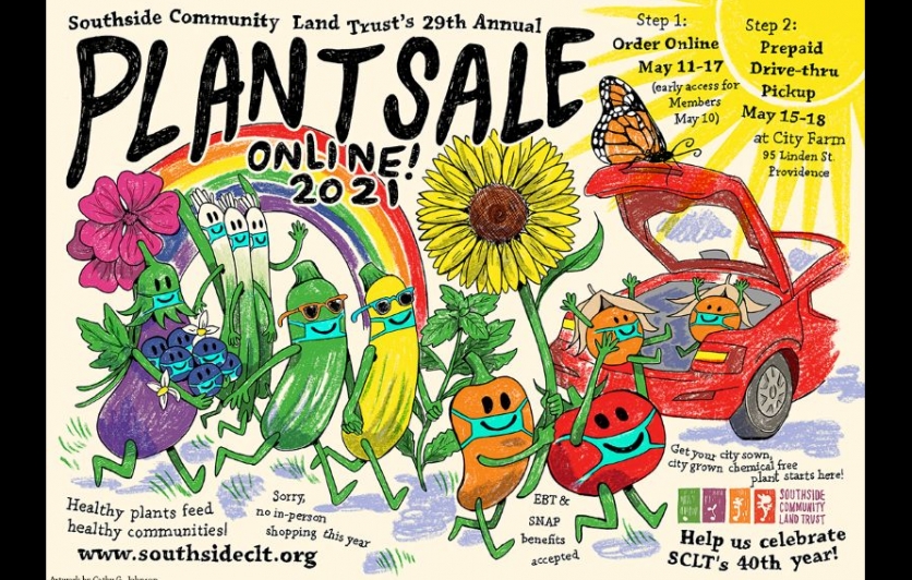 Image of SCLT's 29th Annual Rare & Unusual Plant Sale flyer with a rainbow of smiling, masked vegetables loading themselves into a red car with informational text