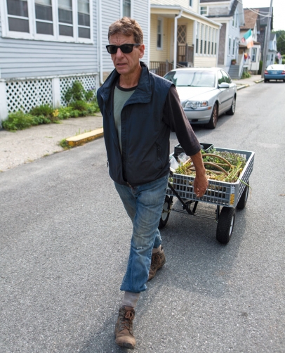 Farmer Jeff Stewart delivers fresh veggies by wagon to restaurants close-by in Newport, RI