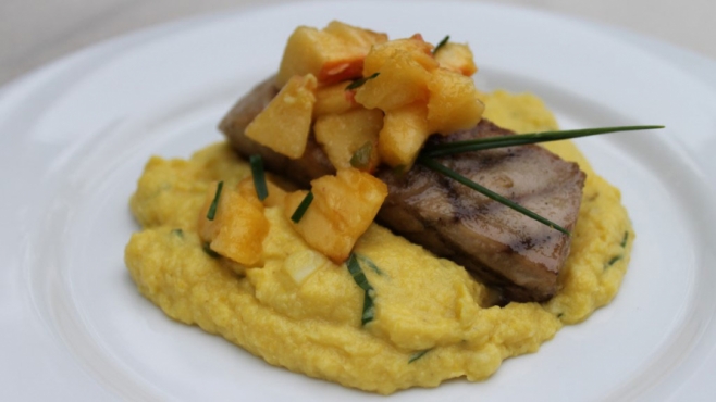 Grilled Striped Bass with Sweet Corn Pudding and Peach Relish