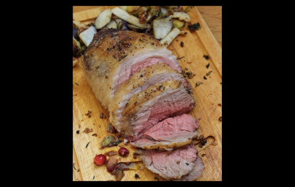 Roasted Leg Lamb with Quince Cranberry Pan Sauce