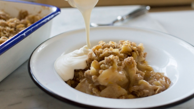 Old-Fashioned Apple Ginger Crisp with Rosemary and Pine Nuts