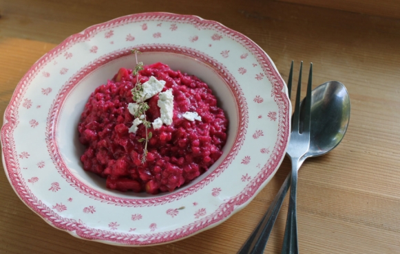Beet & Barley Risotto with Goat Cheese & Apples with table setting