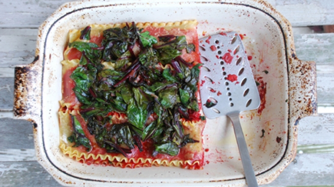 Roasted Beet Lasagne with Balsamic Beet Greens