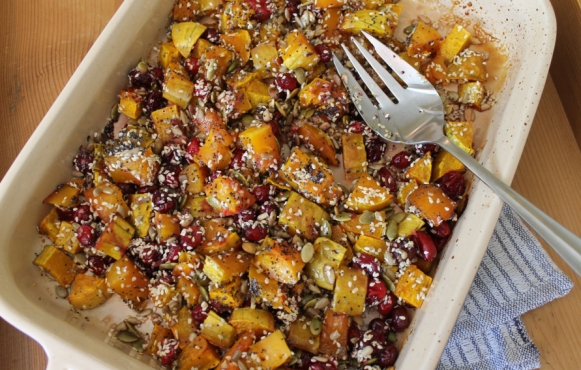 Roasted Butternut Squash with Fresh Cranberries & Toasted Seeds