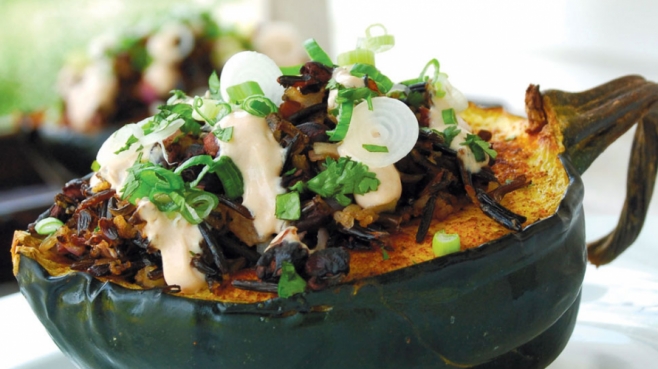 Stuffed Acorn Squash with Black Beans, Rice and Adobo Cream