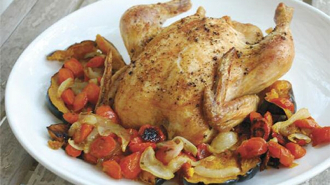 Cayenne-Roasted Chicken with Maple-Roasted Acorn Squash, Carrots and Onion