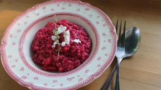 Beet & Barley Risotto with Goat Cheese & Apples with table setting