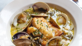 Haddock and Clams with White Wine, Potatoes and Escarole