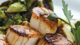 Seared Scallops with Parsnip Purée and Caramelized Brussels Sprouts