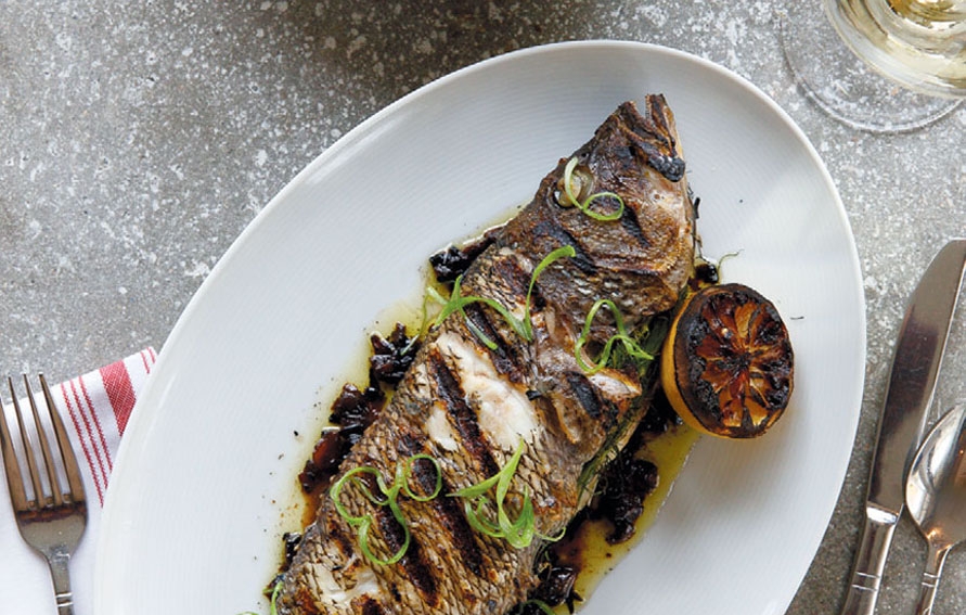 Grilled Whole Black Sea Bass And Vegetables With Charred Red Onion Vinaigrette Edible Rhody