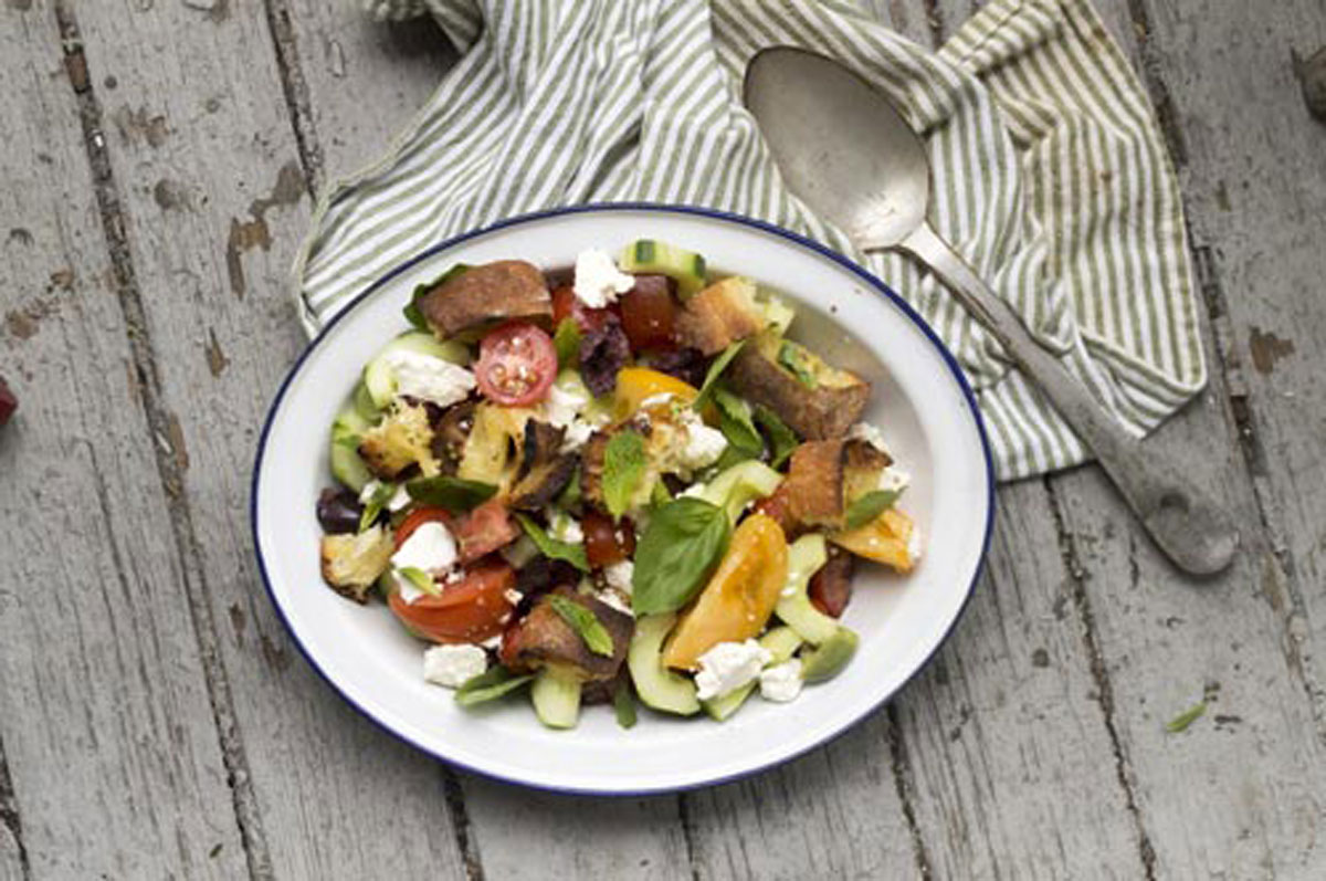 Greek Islands Grilled Bread, Tomato & Cucumber Salad