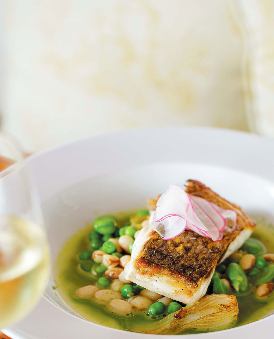 Spring Vegetable Pistou With Yellow-Eyed Beans, Favas, Peas & Black Bass