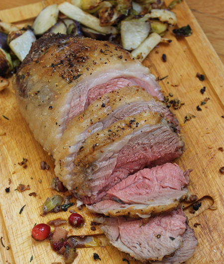 Roasted Leg Lamb with Quince Cranberry Pan Sauce