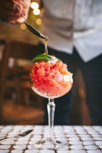 Strawberry Saffron Granita with Orange Labneh and Pistachios